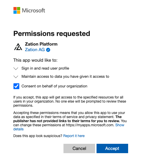 Microsoft consent screen for the Zation Platform app, listing the requested permissions