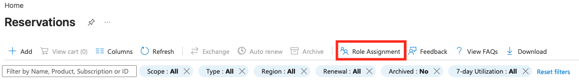 Azure Portal Reservations page — the Role assignment button is in the top toolbar, between Archive and Feedback