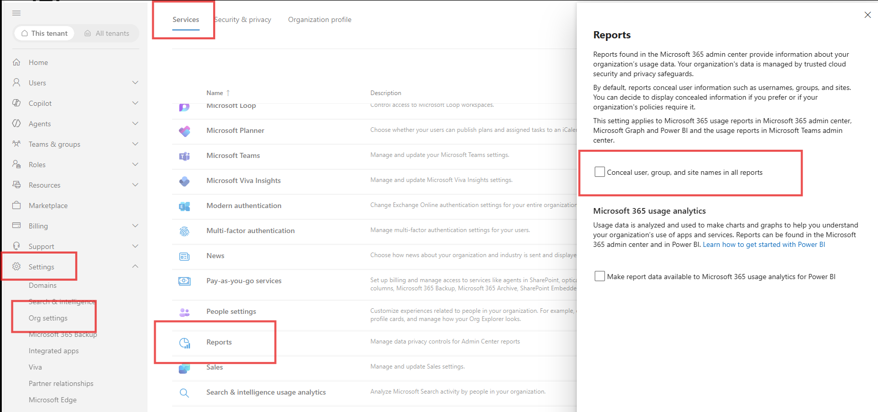 Microsoft 365 admin center with Settings, Org settings, the Services tab, the Reports entry, and the "Conceal user, group, and site names in all reports" checkbox highlighted